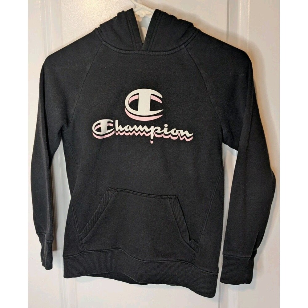 Kids Champion Hoodie Black Pink Logo Pullover Sweatshirt Size Medium (M)
